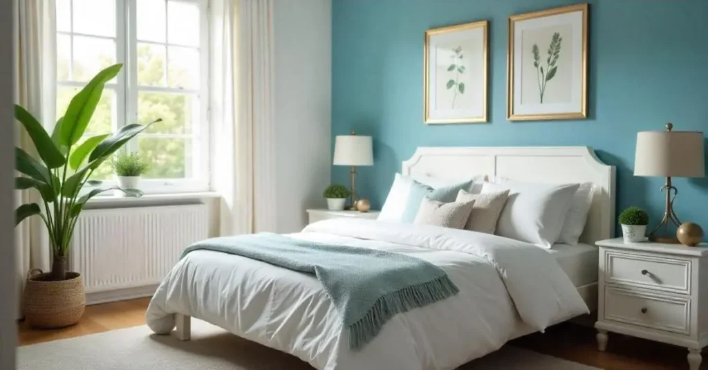 This image is about a bedroom with white furniture and grey walls