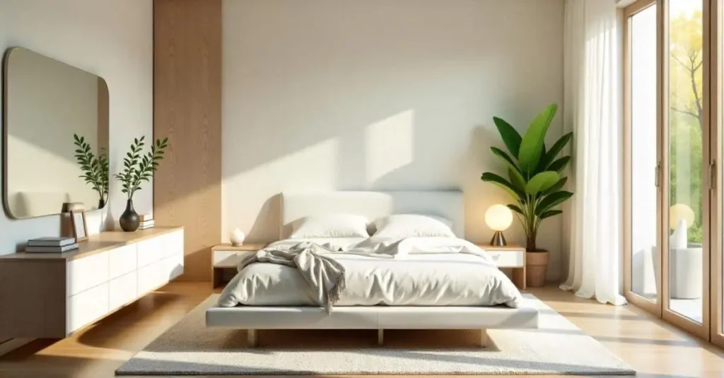 This image is about a bedroom with white furniture and white walls