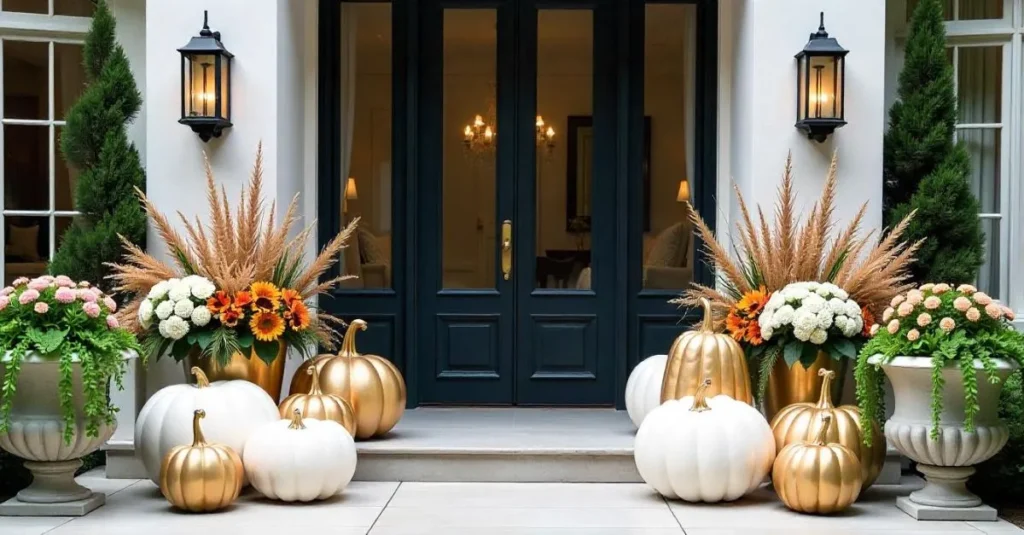 A stylish front porch with a stacked pumpkin arrangement, tied with burlap ribbon and surrounded by warm autumn decor.