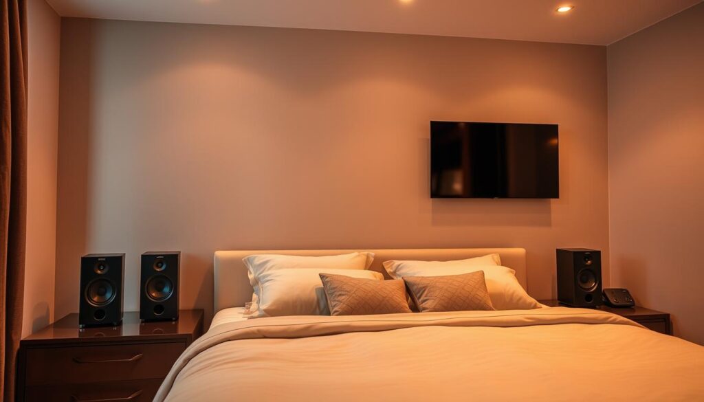 A stylish bedroom featuring a wall-mounted TV with a sleek soundbar below, creating a cinematic experience.