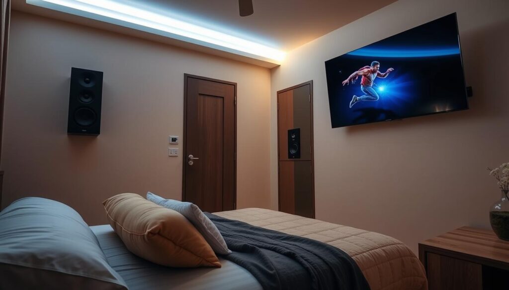 A minimalist bedroom with a flat-screen TV and discreet built-in speakers for a clutter-free entertainment setup