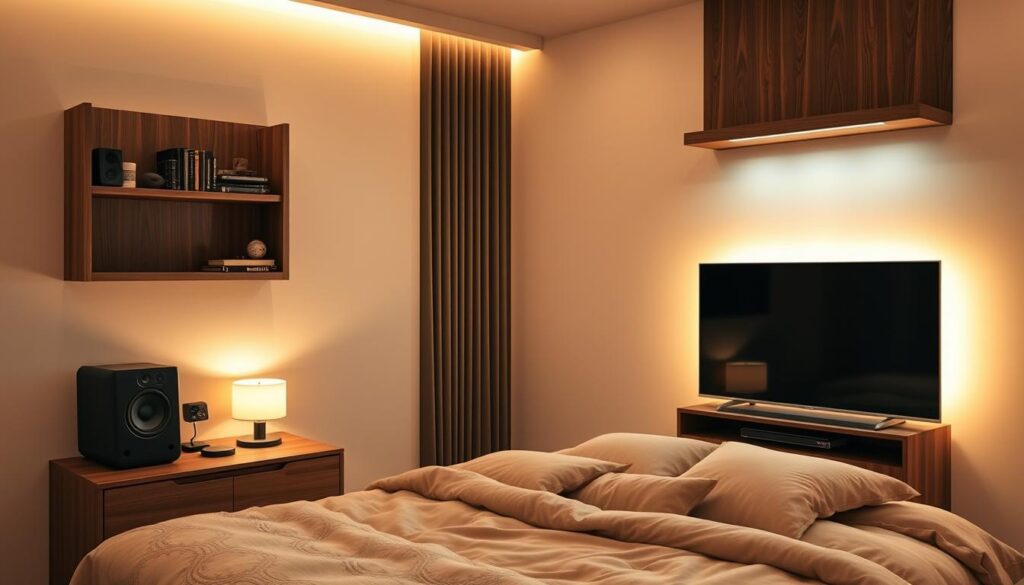 A warm and inviting bedroom with a TV on a wooden dresser and wireless speakers on nightstands for immersive sound