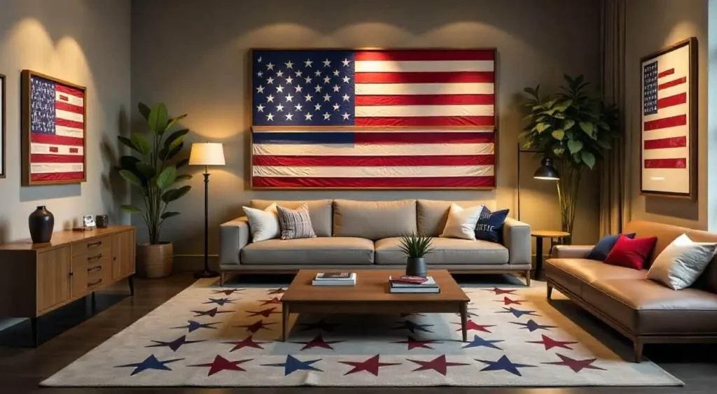  Modern interior showcasing framed flags in shadow boxes, floating frames, and elegant wooden mounts with warm lighting.