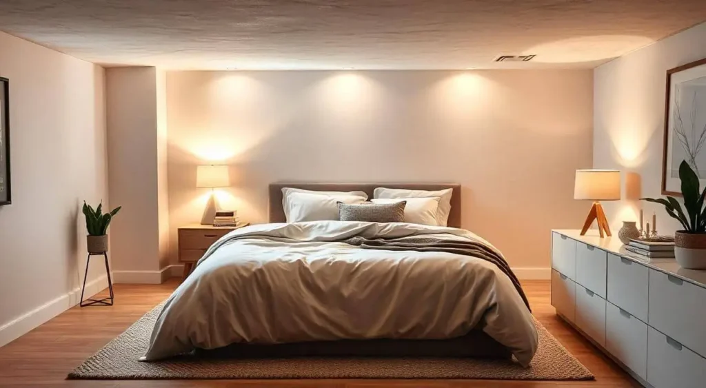 Stylish basement bedroom with plush bed, DIY art, cozy nook, and warm ambient lighting.