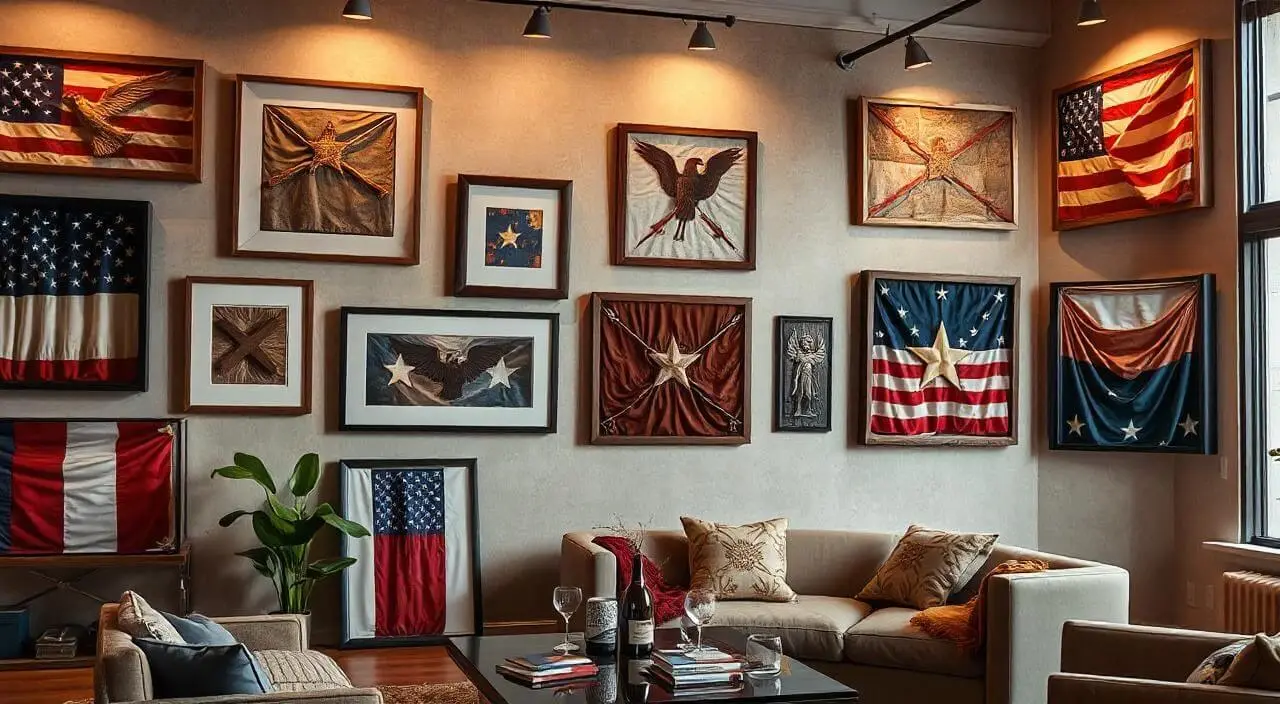  Contemporary room featuring innovative flag displays in shadow boxes, floating frames, and artistic multi-panel designs.