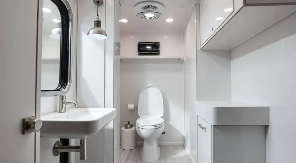 A stylish food truck bathroom featuring a small sink, portable toilet, geometric tiles, space-saving furniture, and vibrant colors for a compact yet functional design.
