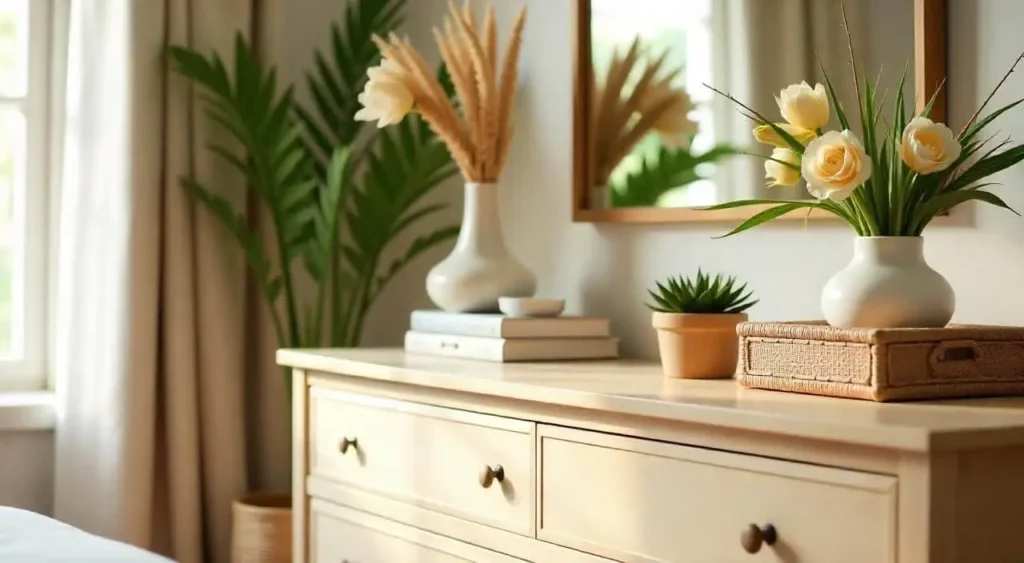Elegant master bedroom dresser with fresh flowers, potted plant, woven basket, and wooden box.