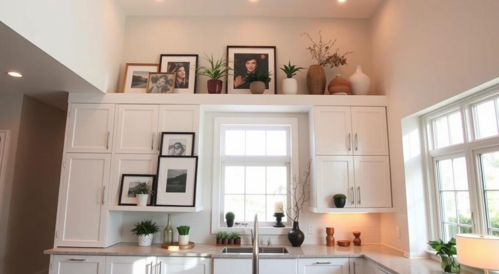 Bright modern kitchen with high ceilings, featuring framed artwork, potted plants, and elegant vases.
