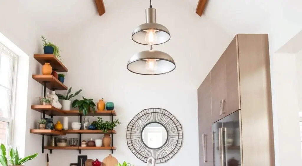 High-ceiling kitchen with floating shelves, potted plants, colorful vases, pendant lighting, and sleek tall cabinets.