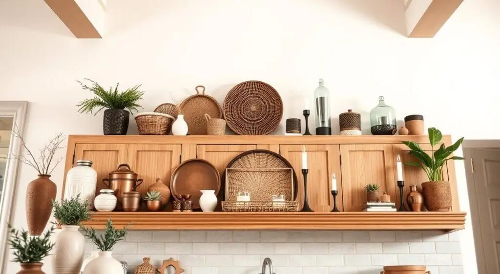 Spacious kitchen with high ceilings, featuring vases, succulents, copper cookware, and rustic-modern decorative accents.
