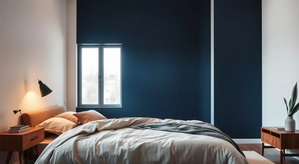 Navy blue accent wall with warm lighting, neutral bedding, and a large window for natural light.







