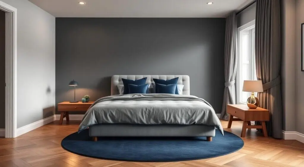  Cozy navy blue and gray bedroom featuring a plush upholstered bed, accent pillows, and soft lighting.