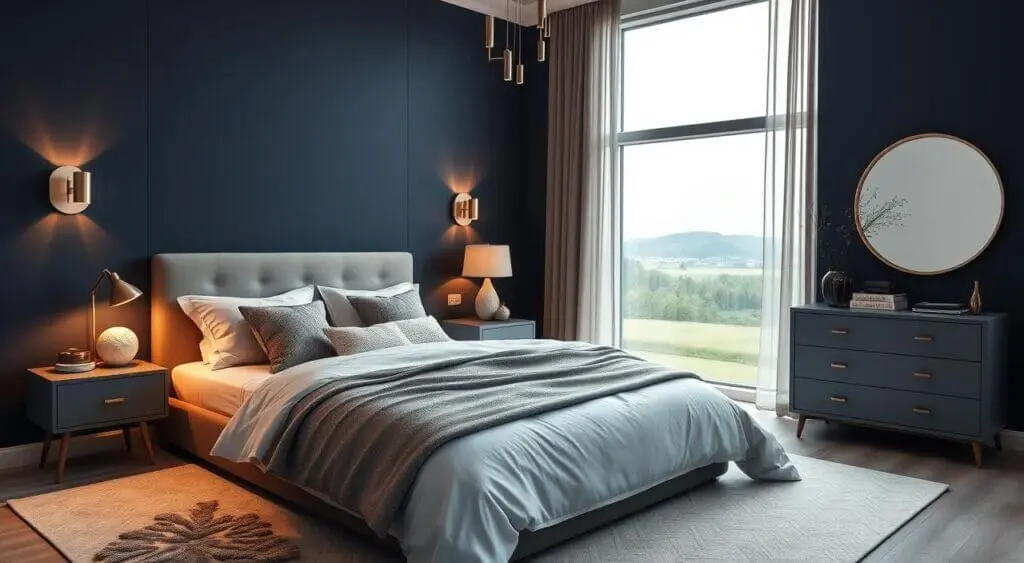 Serene navy blue and gray bedroom featuring plush bedding, soft lighting, and modern minimalist furnishings.