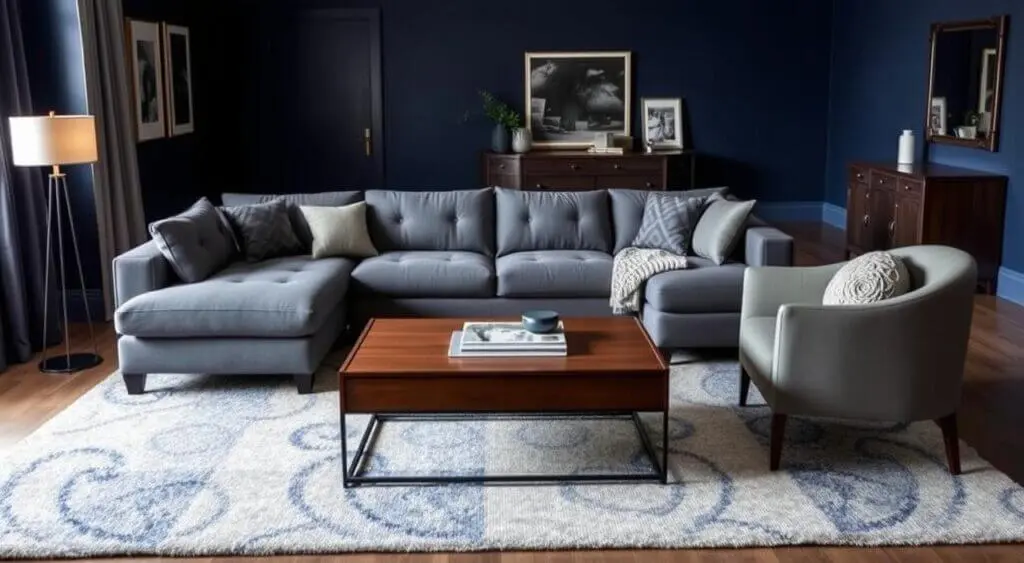 Navy blue and gray bedroom featuring a tufted sectional sofa, sleek armchair, and modern lighting accents.