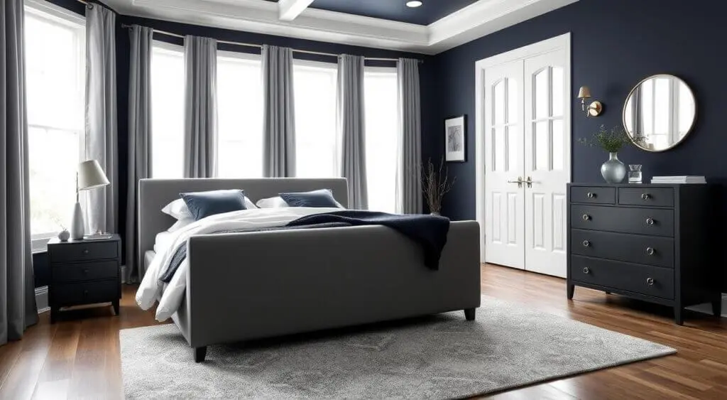  Cozy navy blue and gray bedroom featuring a plush bed, soft curtains, and metallic lighting accents.