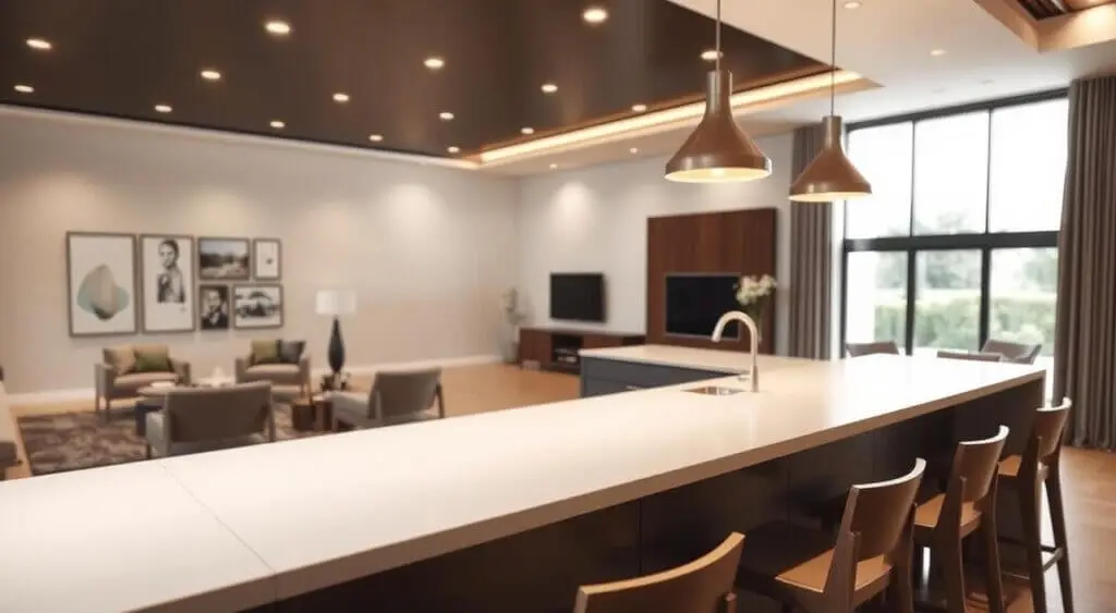 Elegant L-shaped bar counter with quartz top, wooden bar stools, and warm lighting in an open kitchen-living space.