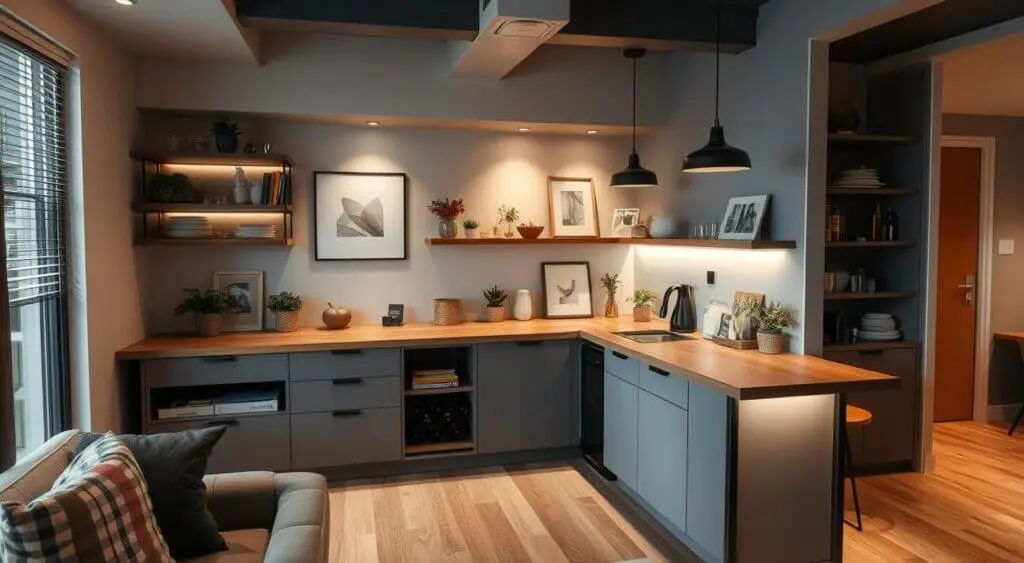 Cozy L-shaped bar counter with a wooden top, built-in storage, and warm pendant lighting in a small open-plan space.