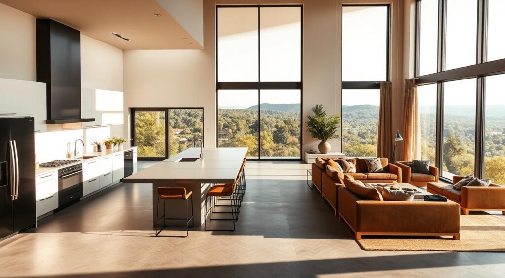 Spacious open kitchen with an L-shaped bar counter, natural light, white cabinetry, and a cozy living area.
