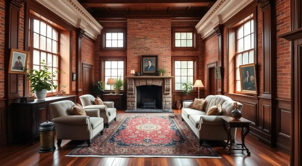 A refined Georgian-style sitting room with high ceilings, large windows, ornate crown moldings, and a grand stone fireplace. Plush armchairs, a vintage Persian rug, and rich wood accents create a timeless and inviting atmosphere.