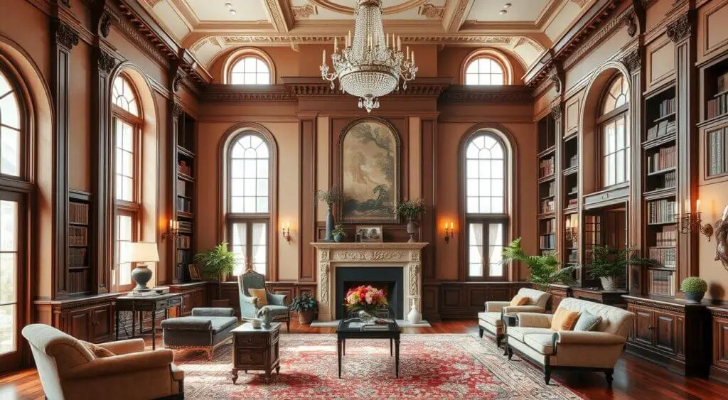 A sophisticated Georgian-style interior with tall arched windows, rich wood furnishings, plush velvet seating, an ornate fireplace, and crystal chandeliers, creating a timeless and refined ambiance.