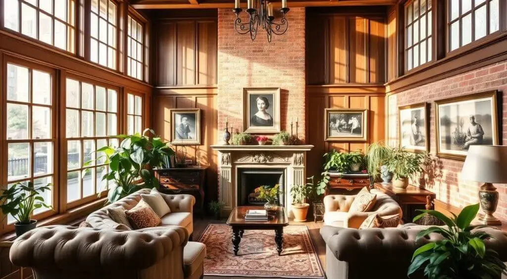 Sunlit Georgian home interior featuring wood-paneled walls, an ornate fireplace, antique furniture, and lush potted plants for a timeless, refined ambiance.