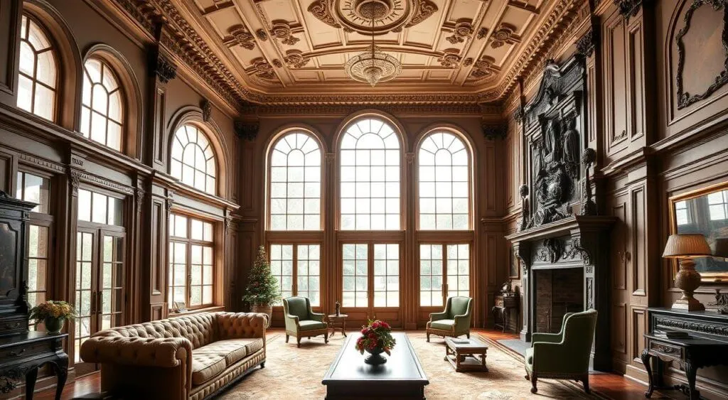 A grand Georgian-style room with arched windows, ornate crown moldings, a carved fireplace mantel, and antique furniture in warm neutral tones.