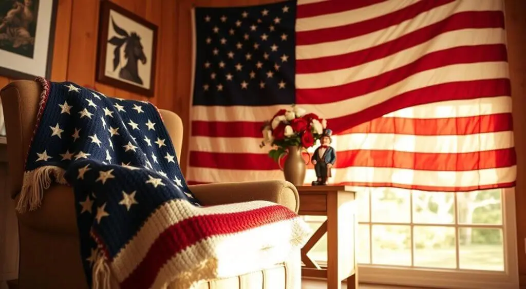 Warm living space featuring an American flag throw, rustic table with patriotic decor, and soft lighting.