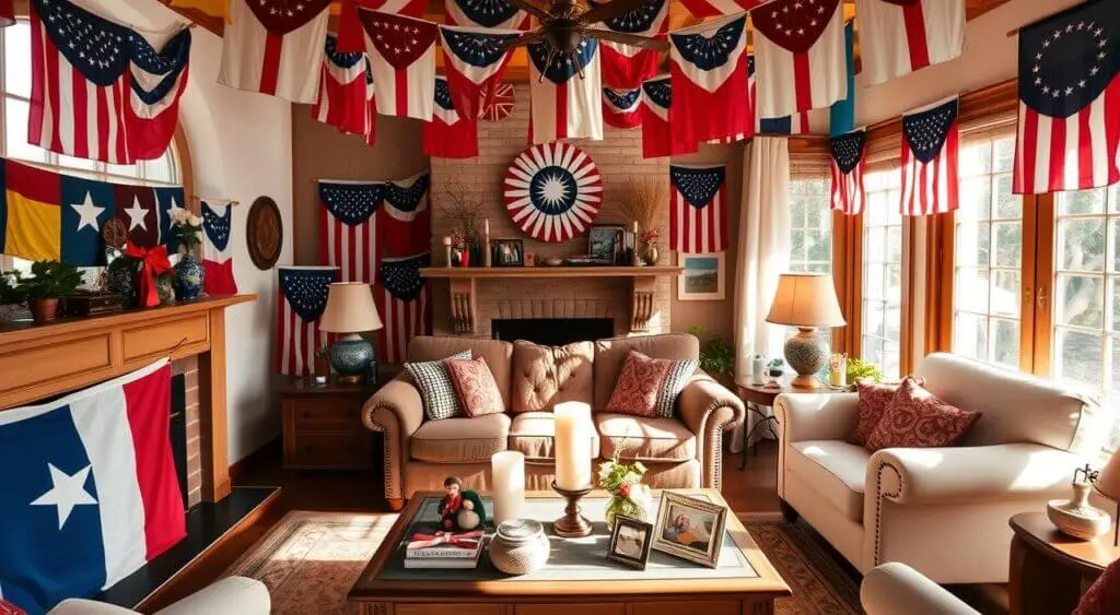  Warm living room decorated with vibrant flags on walls, ceiling, and mantel, creating a festive ambiance.