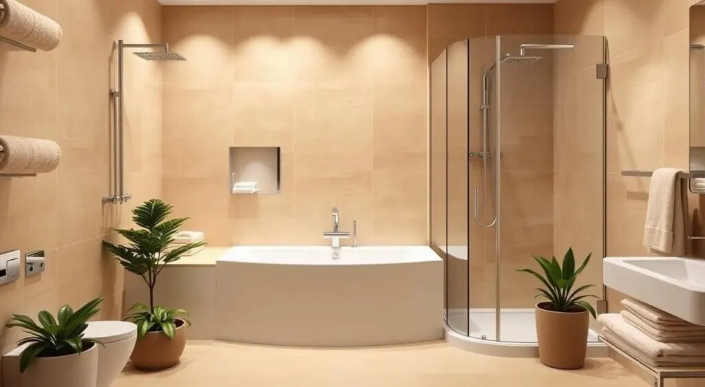 Elegant small bathroom with an almond shower and tub combo, warm tiles, soft lighting, and greenery.