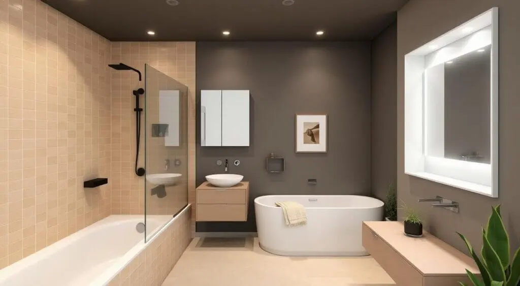 Sleek small bathroom with an almond-tiled shower, floating vanity, recessed lighting, and smart storage solutions.