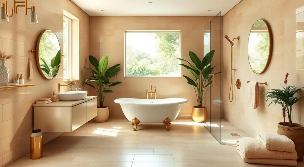 Luxurious almond-toned bathroom with a clawfoot tub, brass fixtures, frameless glass shower, and greenery.
