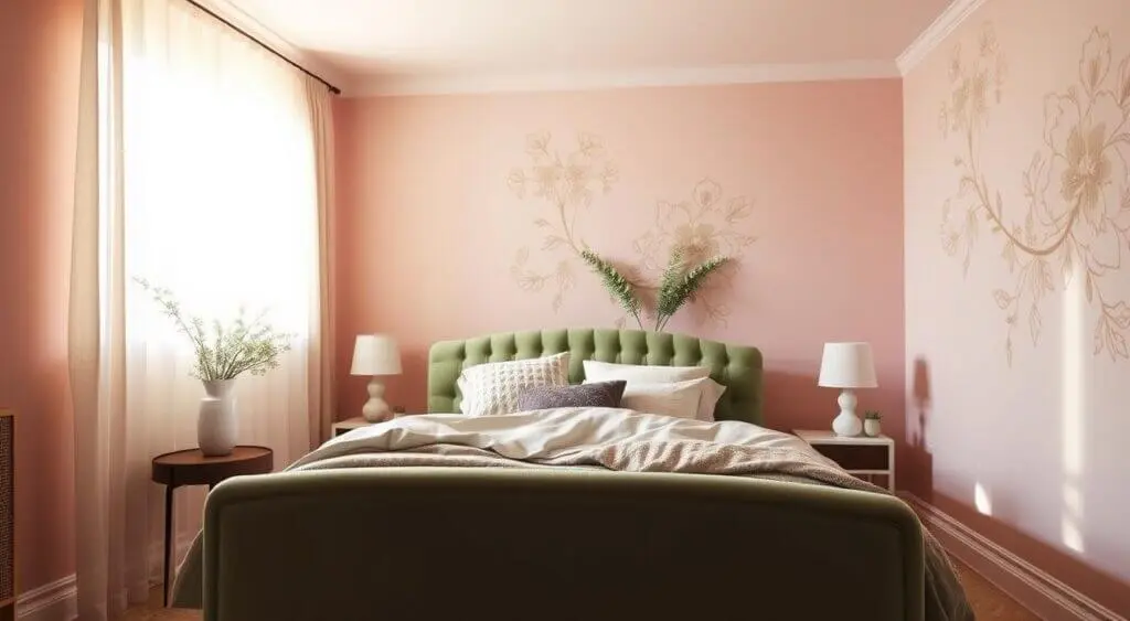 Inviting bedroom with muted pink walls, sage green tufted headboard, floral accents, and sheer curtains.