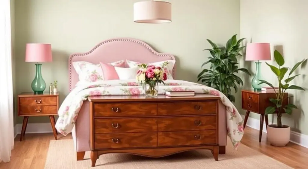 Stylish bedroom featuring a plush bed, floral linens, vintage dresser, pastel green walls, and soft lighting.