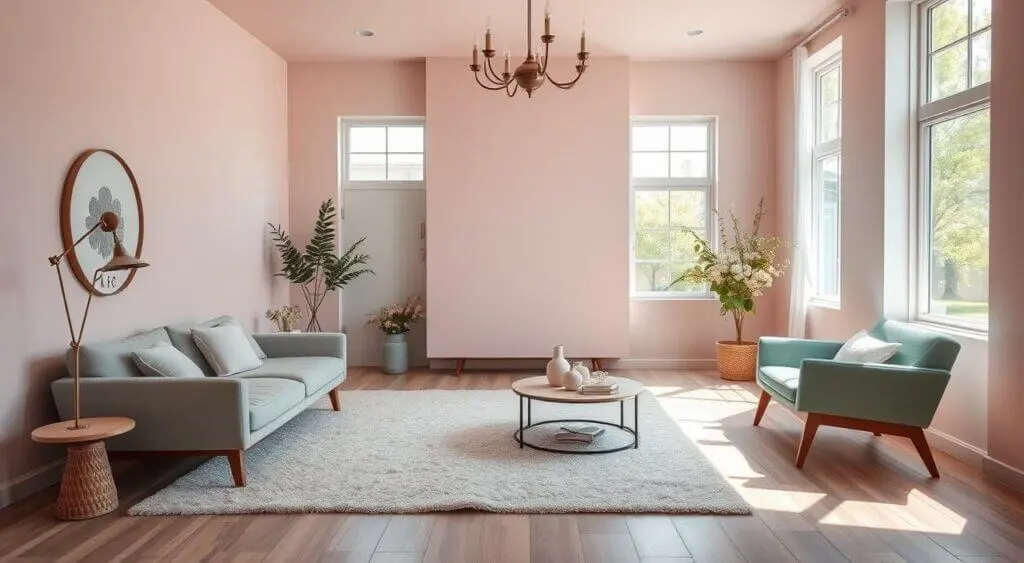 Tranquil bedroom featuring pastel hues, mid-century furniture, floral accents, and soft natural lighting.