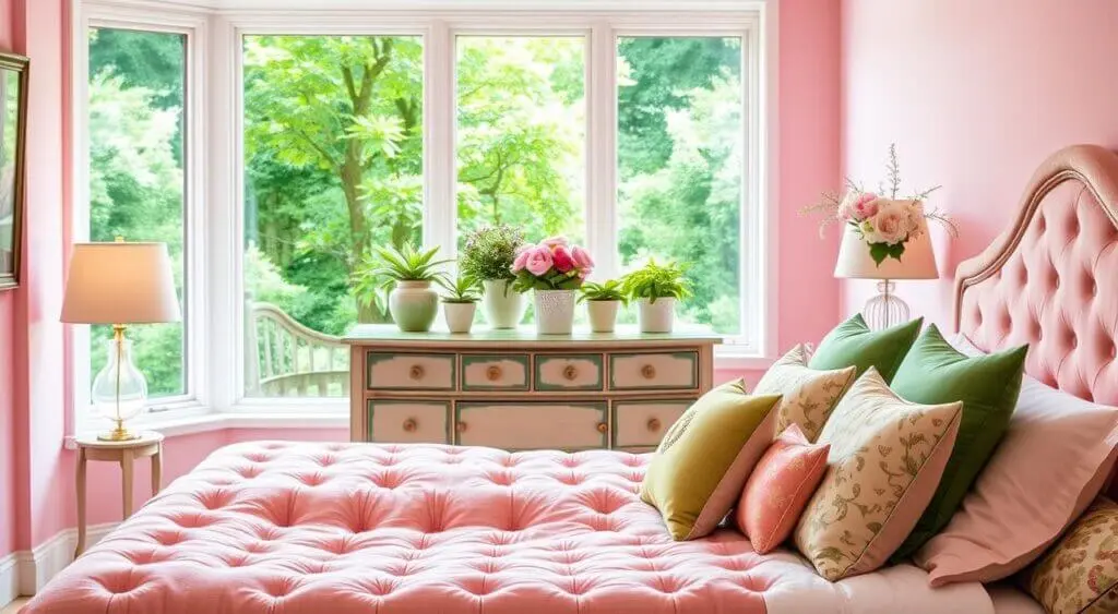Cozy bedroom with a pink tufted bed, green pillows, vintage dresser, and garden-view window.