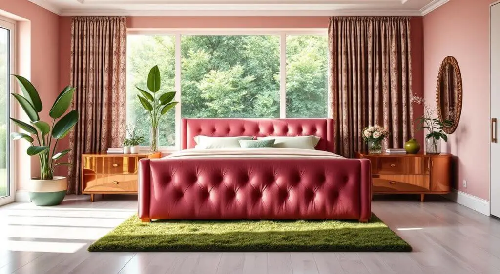 Stylish bedroom featuring a pink velvet bed, green accents, brass nightstands, and soft lighting.