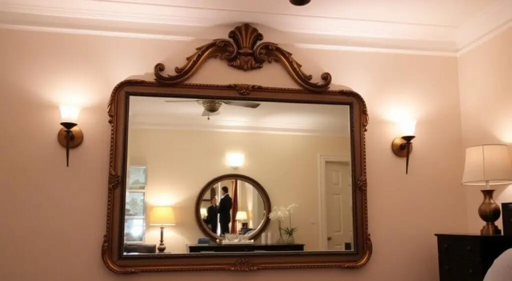 A spacious master bedroom featuring a large ornate mirror, stylish dresser, and warm ambient lighting.