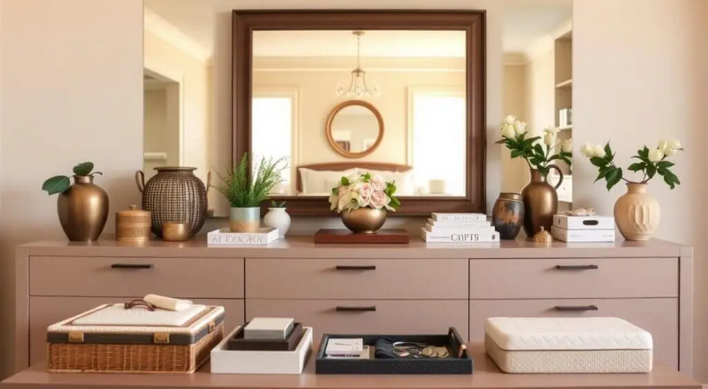 Spacious master bedroom dresser with storage baskets, minimalist design, mirror, and fresh greenery.