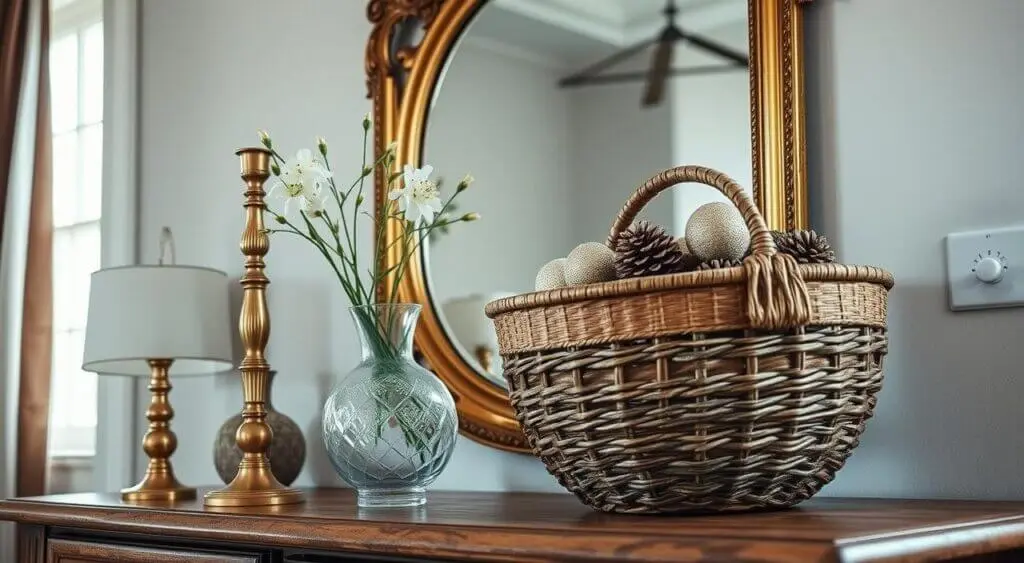 A rustic wooden dresser styled with brass candlesticks, fresh flowers, a woven basket, and an ornate mirror.