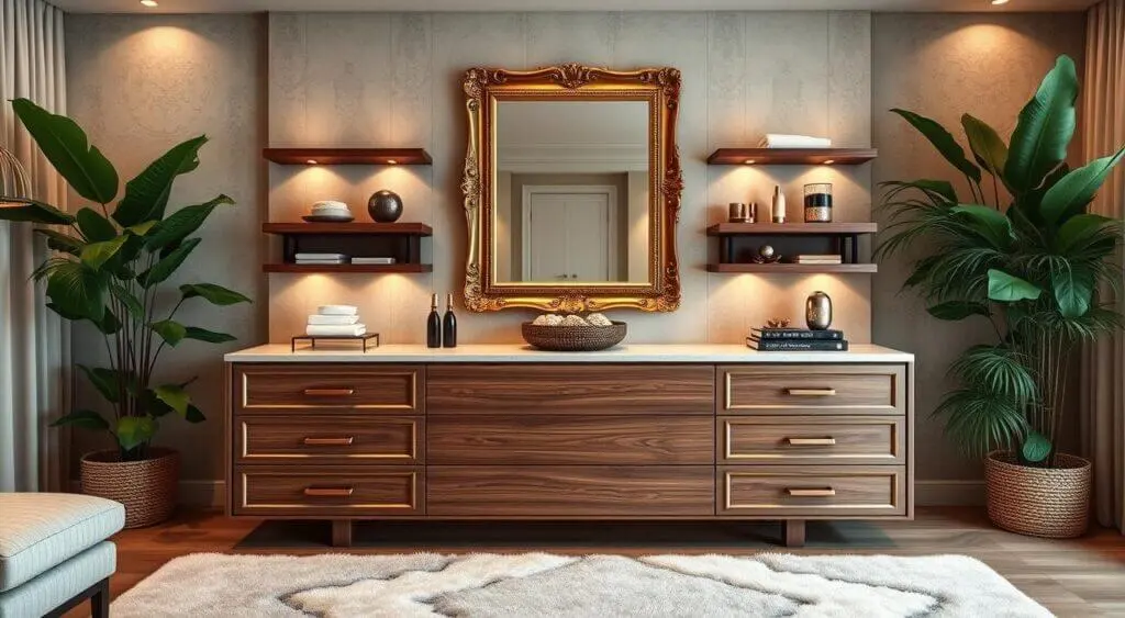 Elegant master bedroom dresser with wooden shelves, ornate gold mirror, and functional storage solutions.
