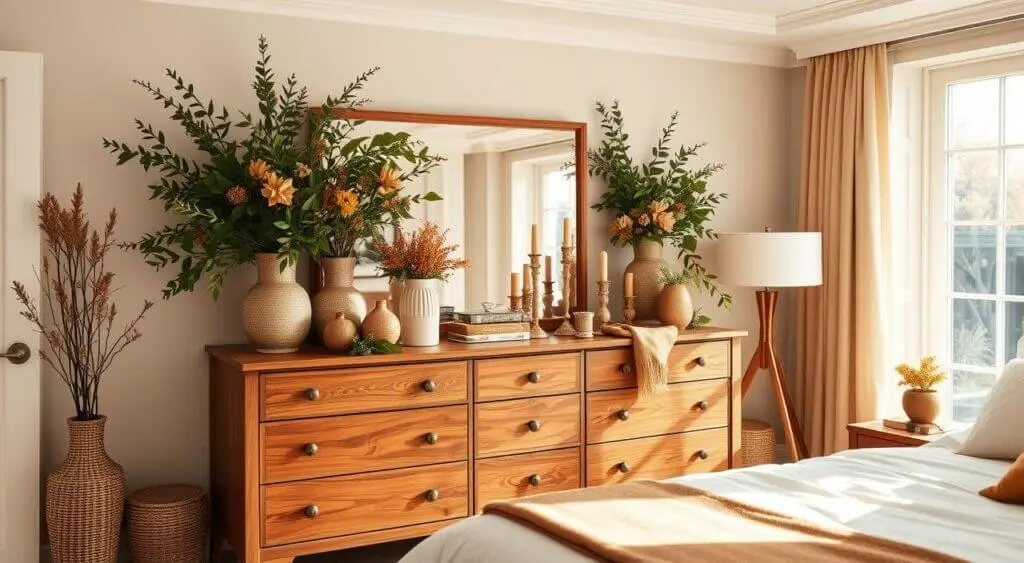 Stylish seasonal dresser with greenery, autumn foliage, candles, and soft lighting in a cozy bedroom.