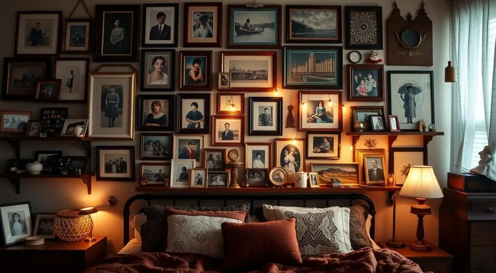 Eclectic bedroom gallery wall featuring family portraits, vintage photos, and sentimental keepsakes.
