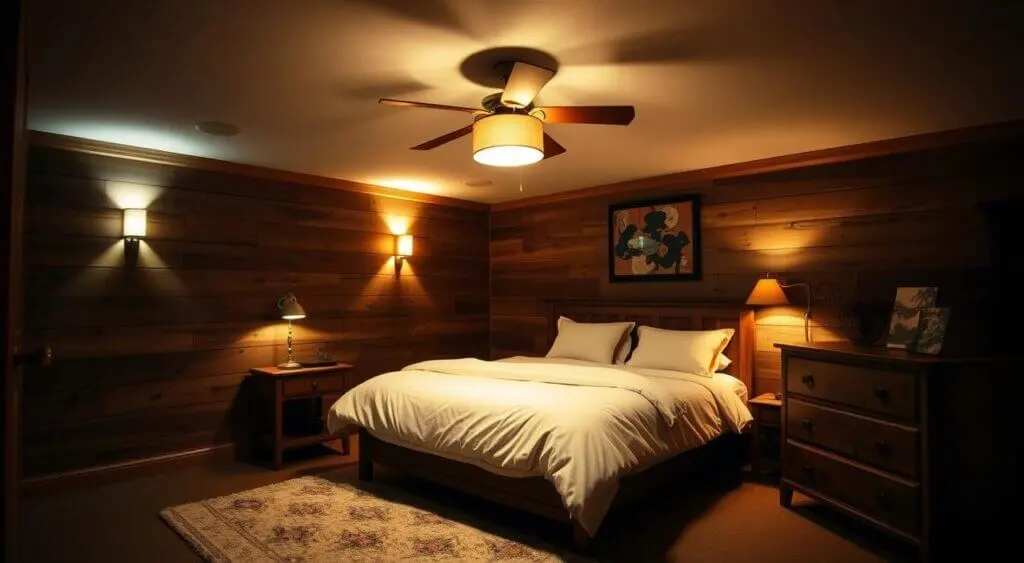 Inviting basement bedroom with rustic wood paneling, plush rug, and warm atmospheric lighting.