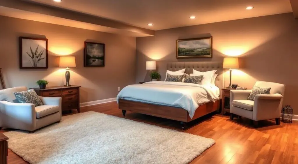Tranquil basement bedroom featuring a king-size bed, reading nook, plush rug, and natural accents.