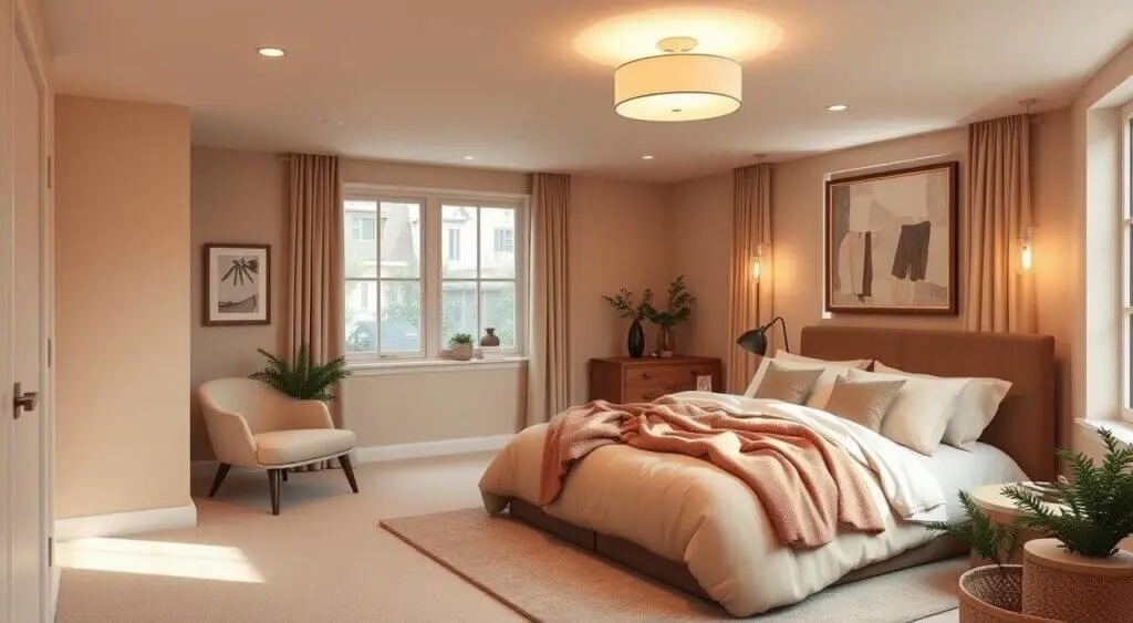 Cozy basement bedroom with neutral tones, natural wood accents, and a comfortable reading nook.