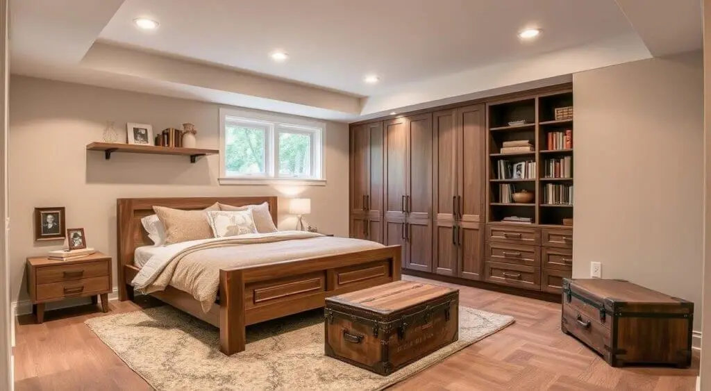 Well-organized basement bedroom featuring smart storage, rustic bed, floating shelves, and natural light.
