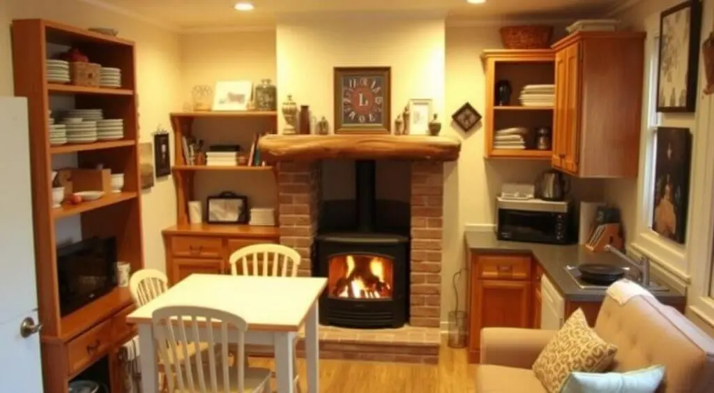 Small rustic kitchen with a central fireplace, wooden shelves, warm lighting, and a cozy dining area.