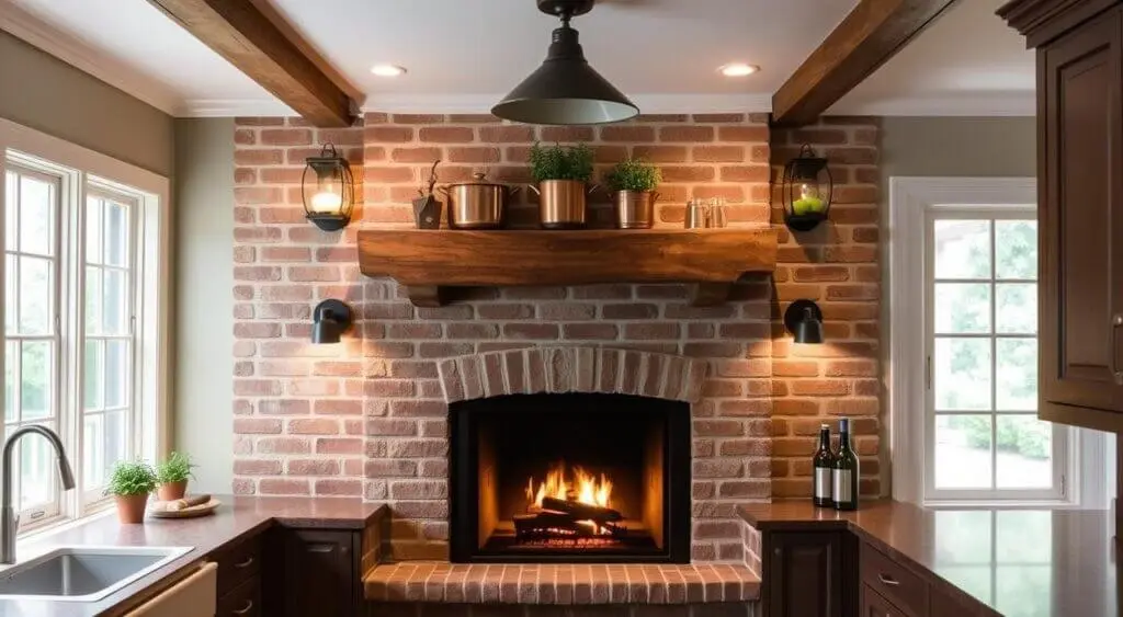 Cozy kitchen with a brick fireplace, wooden mantel, antique copper cookware, and soft ambient lighting.