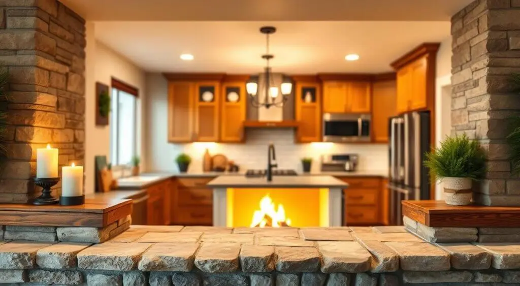 Cozy kitchen with a brick fireplace, wooden mantel, antique copper cookware, and soft ambient lighting.