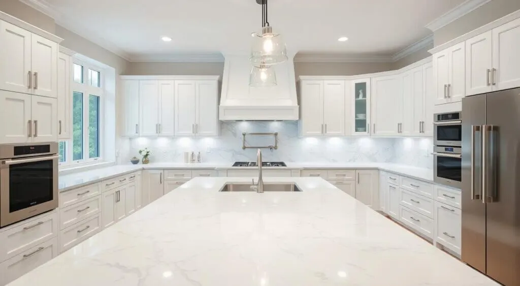 Modern white kitchen with a blue pearl granite backsplash, waterfall island, quartz countertop, and pendant lighting.